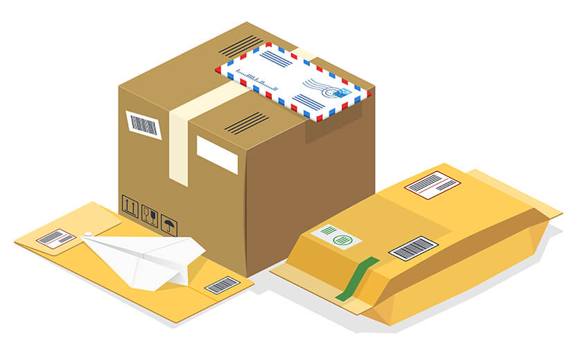 international-shipping-drop-shipping-3 - Wholesale Suite Various postal packages, including a cardboard box with an airmail envelope on top, a padded mailer, and a flat envelope with a paper airplane.