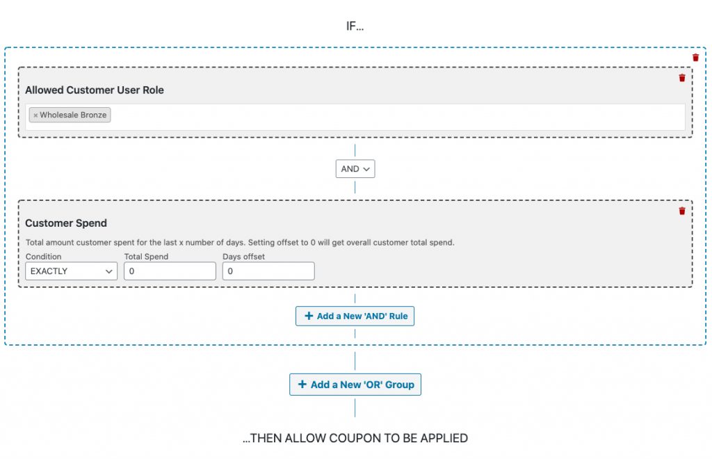 acfw-cart-conditions-3 - Wholesale Suite WooCommerce Coupon cart condition testing for a wholesale customer that has not spent anything yet in
