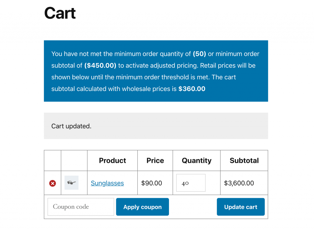 order-prevented - Wholesale Suite A cart message stating that the customer has not met the minimum wholesale order requirements.