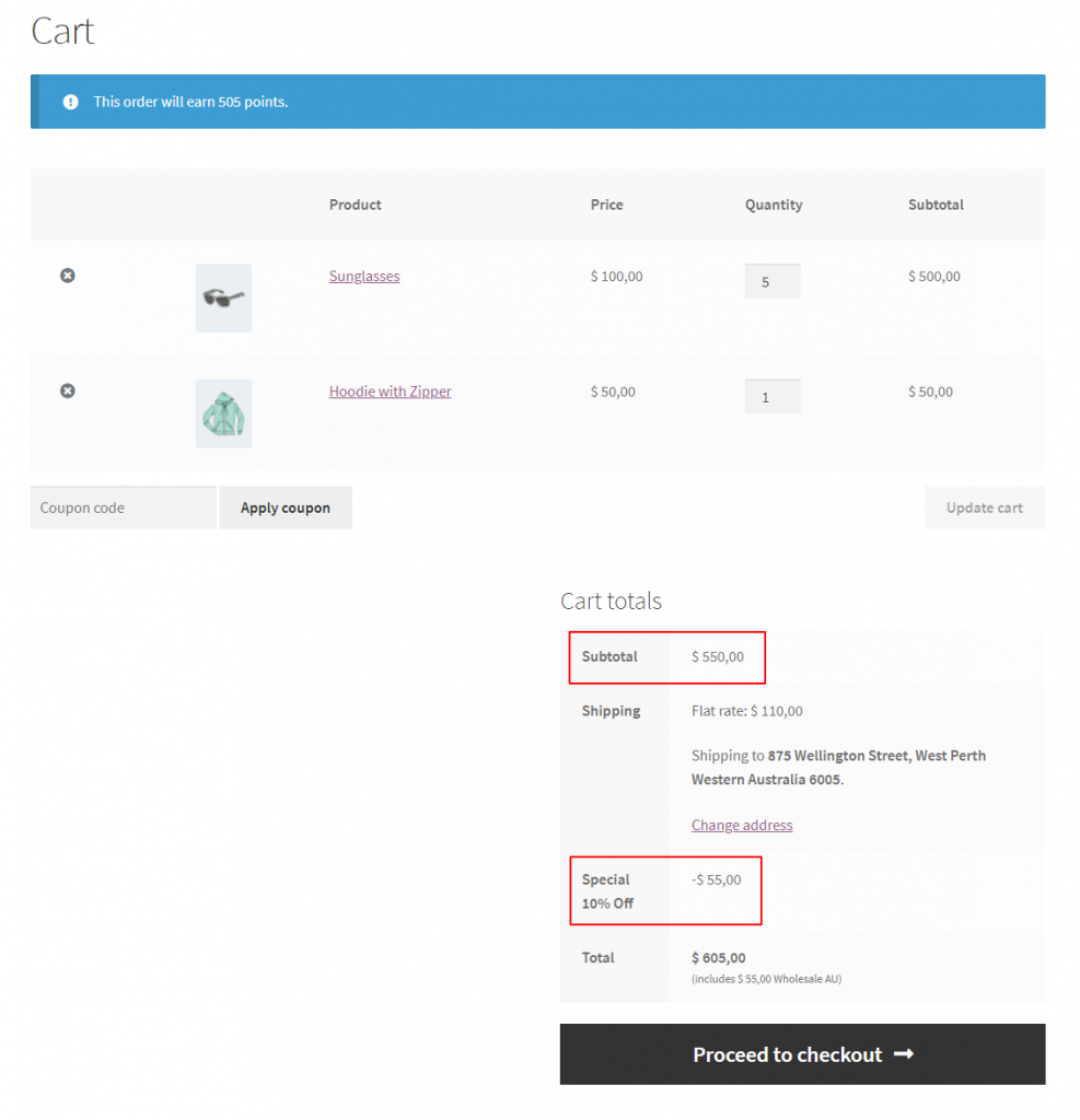 WooCommerce Cart Subtotal Price Discounts Percentage Cart Page