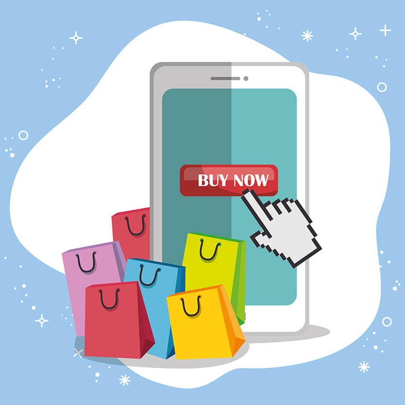 seo-product-descriptions-call-to-action-cta - Wholesale Suite a smartphone with a large 'BUY NOW' button on the screen, a pixelated hand cursor clicking it, and colorful shopping bags around the device