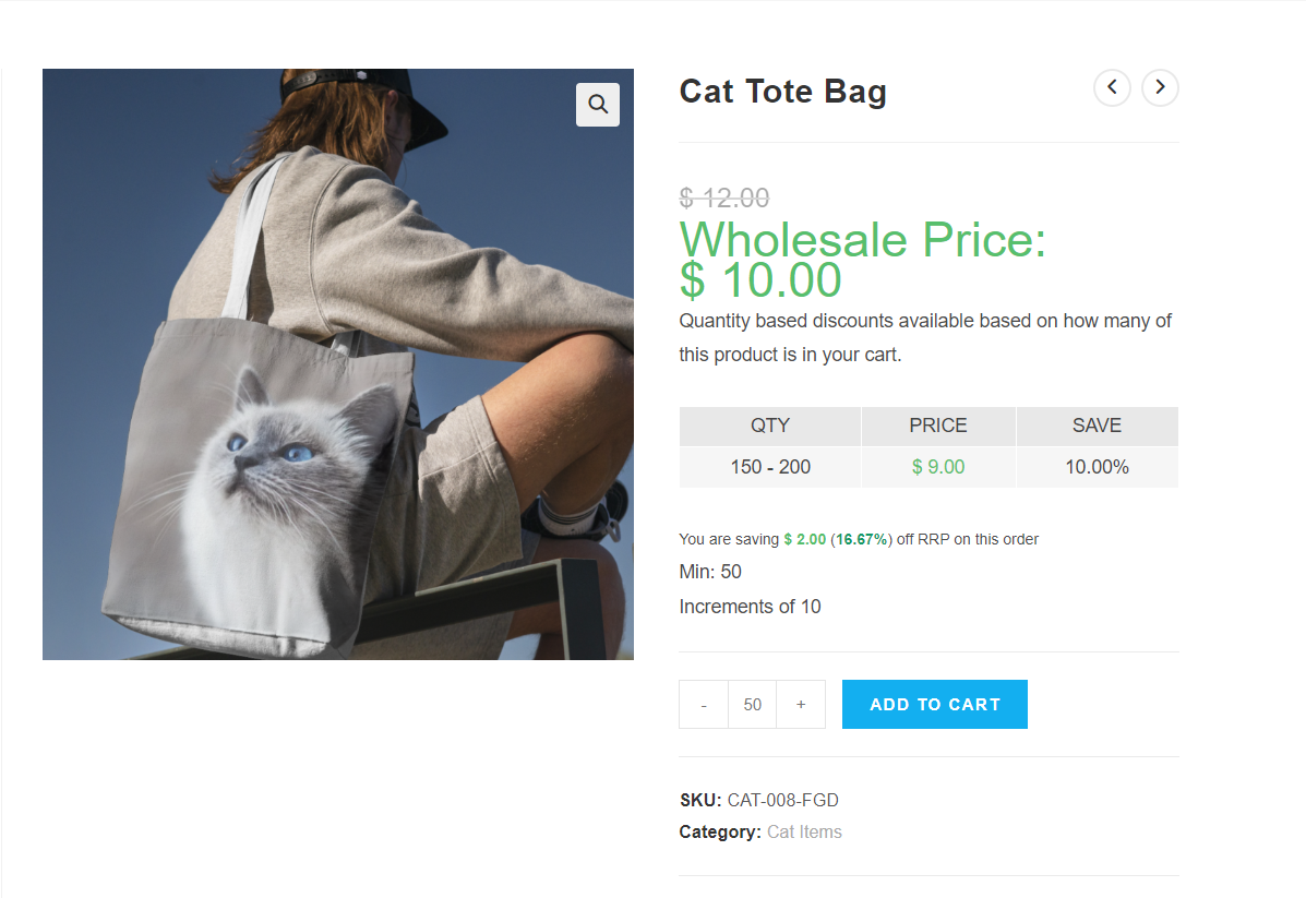 sample-of-wholesale-product-with-discount - Wholesale Suite Product page for a "Cat Tote Bag".