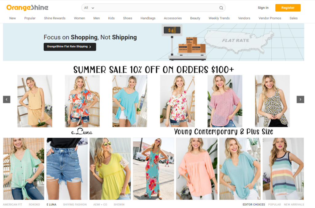 OrangeShine-website - Wholesale Suite Screenshot of OrangeShine's homepage, showcasing women's apparel.