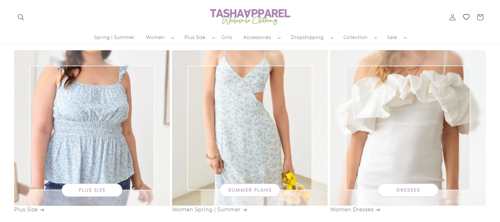 Tasha-Apparel-website - Wholesale Suite Screenshot of the Tasha Apparel website, featuring women's clothing.