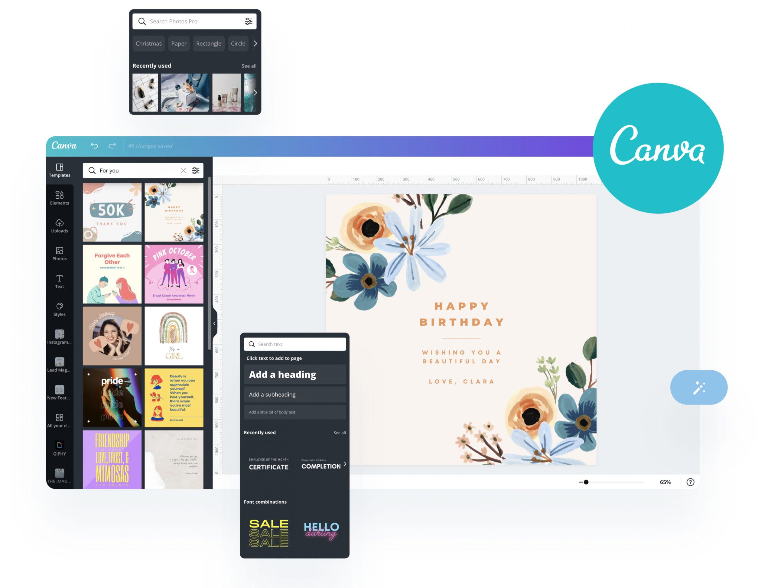 wws-canva-sample - Wholesale Suite Canva design interface showcasing templates and editing tools for creating a birthday card