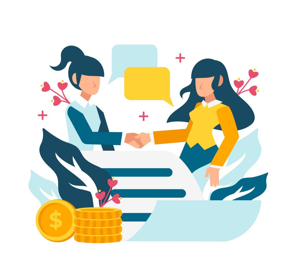 4252207_2240283 - Wholesale Suite Two business professionals shaking hands over an agreement with coins and communication icons in the background